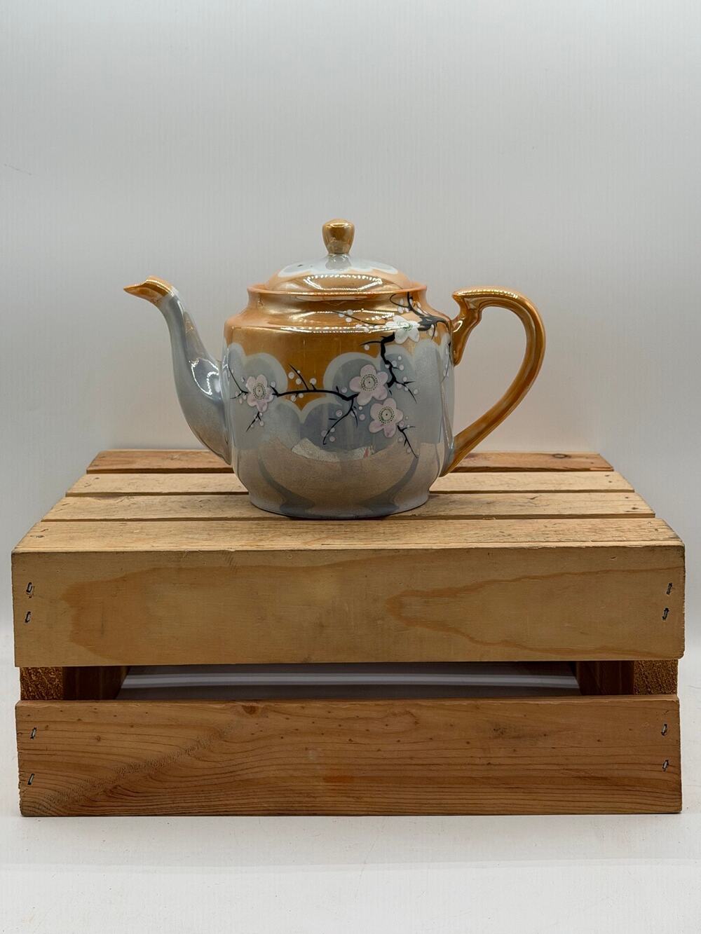Vintage Hand-Painted Lustreware Teapot with Floral Design and Iridescent Finish